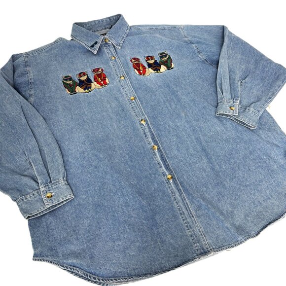 90's Denim Holiday Shirt – Embroidered Cats w/ Sweaters Button-Up Sz 24 VTG - Picture 9 of 15